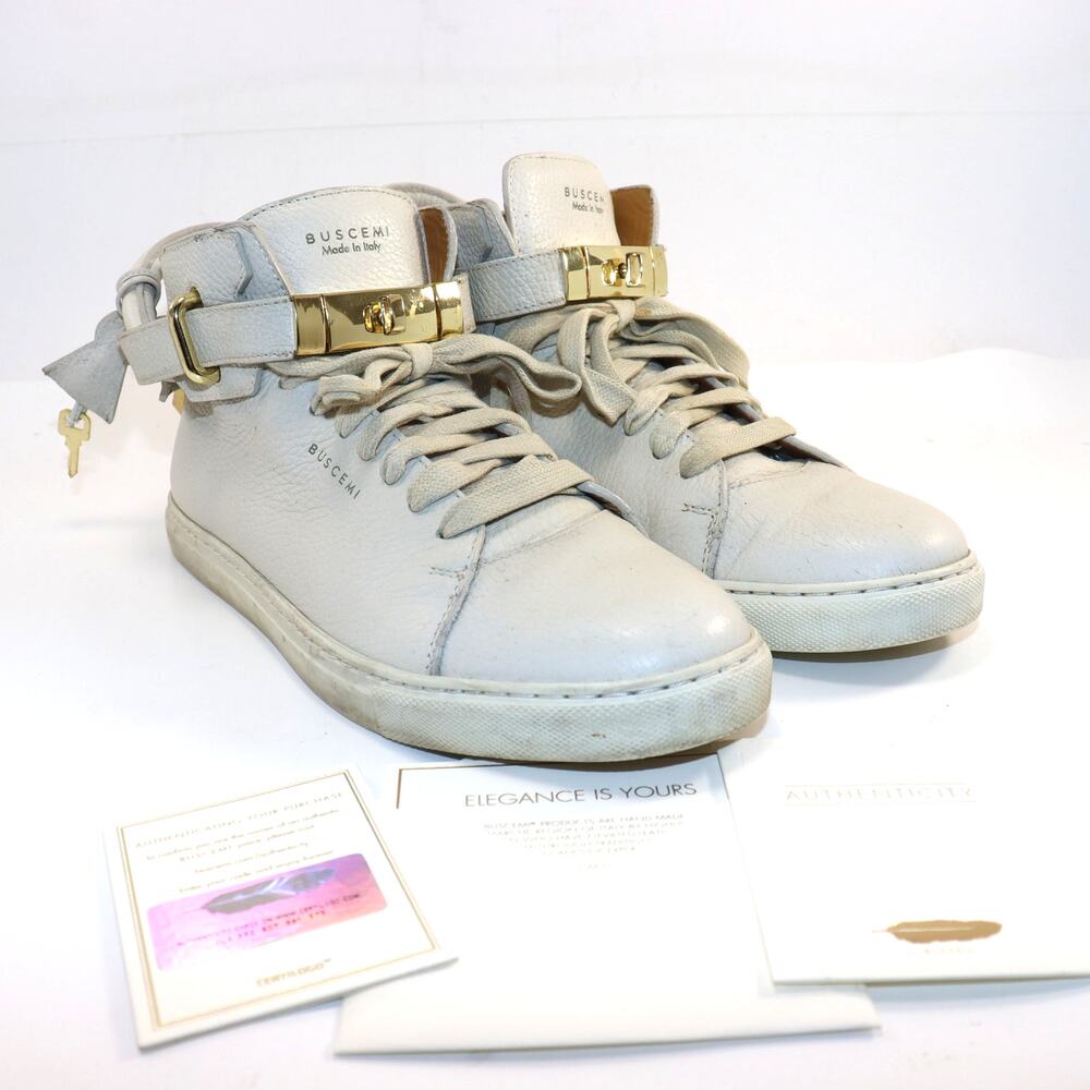 Buscemi 100MM White Leather High-Top Sneakers Gold Hardware Size 41‎